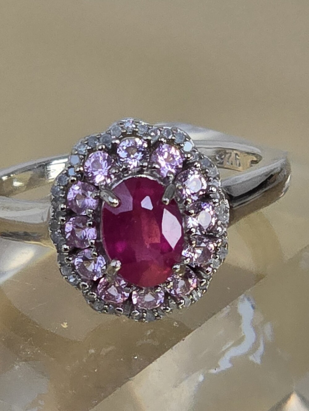 925 Sterling Silver Ring 7.25 with Natural Ruby, Natural Diamonds, Pink Spinel